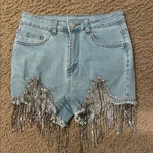 SHEIN Light Blue Denim Shorts with Rhinestone Fringe